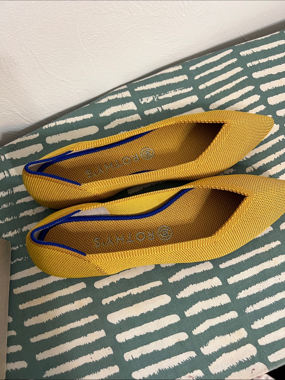Rothy's Yellow Pointed Knit Flats with Blue Trim - Picture 2 of 4